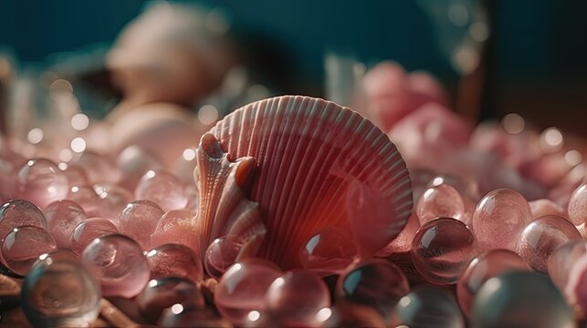 Pink shell surrounded with pink bubbles. Generative AI
