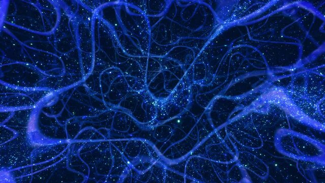 Abstract blue neural network fly-through VJ Loop Background. 3D animation backdrop with glowing magic glitter particles. Science of nervous system, artificial intelligence and futuristic multiverse.