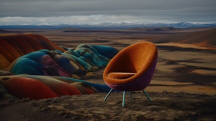 Incredible landscape with chair and colorful hills. Generative AI