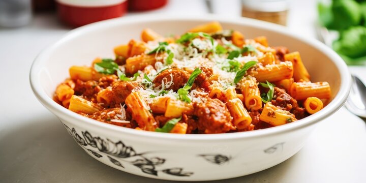 baked italian ziti in bowl made with penne pasta, tomato sauce and cheese inside kitchen created with generative AI