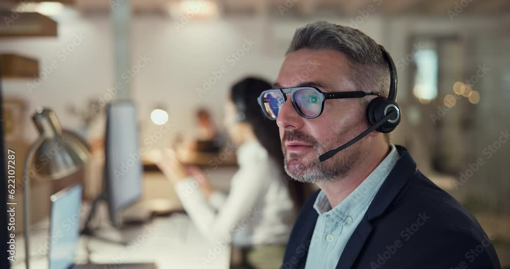 Poster callcenter agent, computer and man consulting with advice, lead generation or help desk worker with 