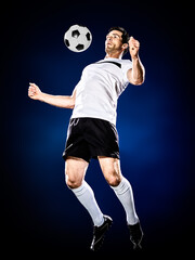 one caucasian soccer player man isolated on black background