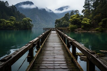 Whispers of Reflection: Embarking on the Journey of Solitude on an Empty Wooden Jetty Extending into a Calm Lake, Amidst a Majestic Misty Mountain Range Generative AI