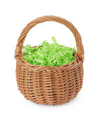 Fototapeta na wymiar Easter wicker basket with decorated grass isolated on white