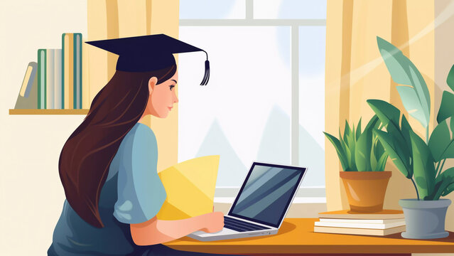 Illustration of a young adult female student in her room studing on her laptop, young woman student distance learning, girl surfing the internet, online webinar training vertual classroom