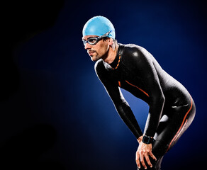 Fototapeta na wymiar one caucasian man triathlon ironman swimmer swimming isolated