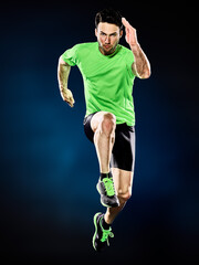 one caucasian man runner running jogger jogging isolated on black background