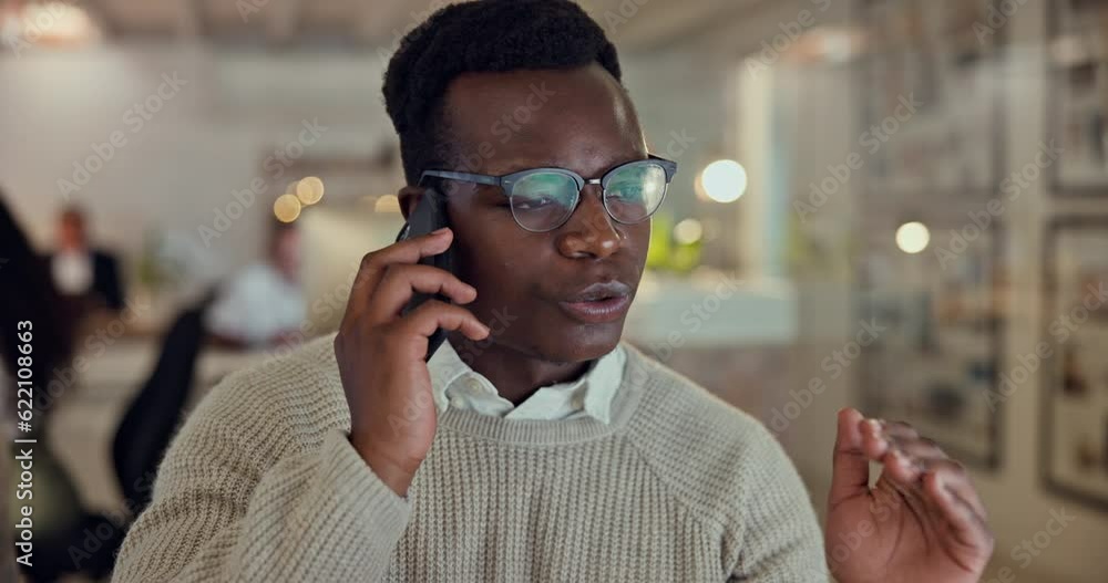 Poster cellphone, computer and black man in office, negotiation and conversation with sales advice. phone c