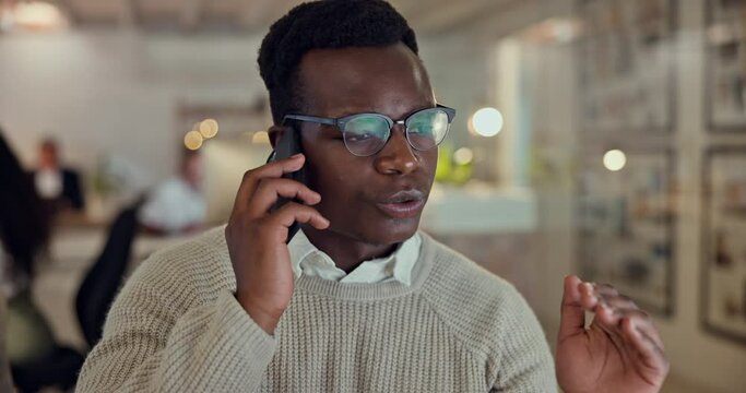 Cellphone, computer and black man in office, negotiation and conversation with sales advice. Phone call, lead generation and consultant with networking, deal info and advisory business discussion.