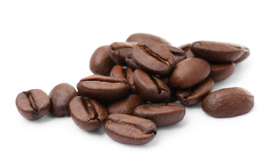 Many aromatic roasted coffee beans isolated on white