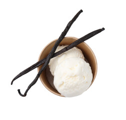 Delicious ice cream with vanilla pods in paper cup isolated on white, top view