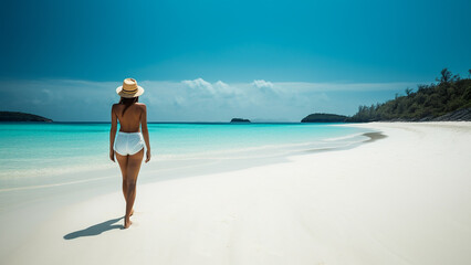 Fototapeta premium Beautiful young woman on a sandy tropical sea beach, view from the back. Generative AI