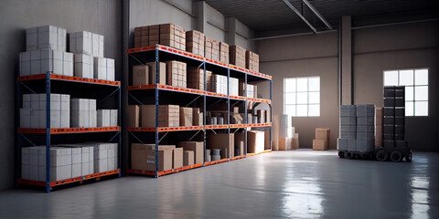 View of a not very large warehouse with boxes on high racks and shelves. Generative AI