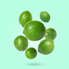 Fresh lime fruits falling on aquamarine background