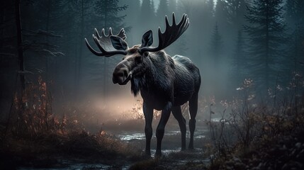 Moose in misty forest. Generative AI