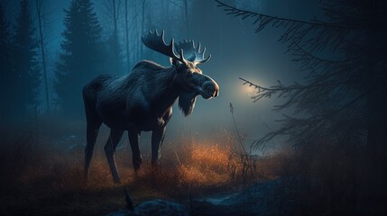 Moose in misty forest. Generative AI