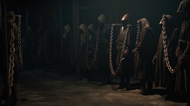 Medieval prisoners waiting for reprisal. Generative AI