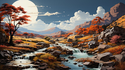 Fototapeta na wymiar A painting of a river running through a valley. Generative AI.