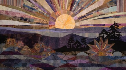 Sunrise layered textile collage. Generative AI