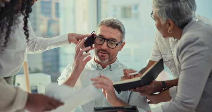 Stress, overworked and chaos with business man in office for documents, burnout and time management. Schedule, anxiety and mental health with employee at laptop for challenge, crisis and frustrated