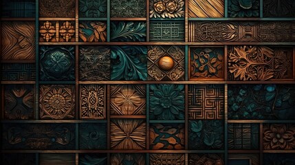 Tiled wallpaper made of wooden blocks. Generative AI