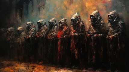 Captives awaiting reprisal in a dark cave in style of oil painting illustration. Generative AI
