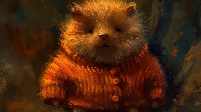 Cartoon wombat wearing sweater in style of oil painting illustration. Generative AI. Generative AI