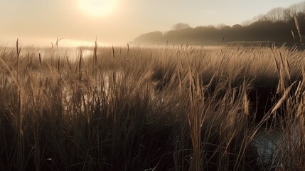 Lake with wheat grass. Generative AI