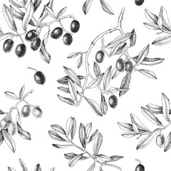 Seamless monochrome pattern of olive branches. - 622110623