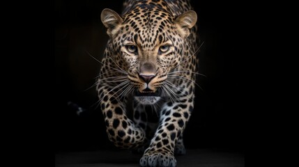 portrait of an angry leopard hunting , showing teeth running towards enemy, black background, generative ai