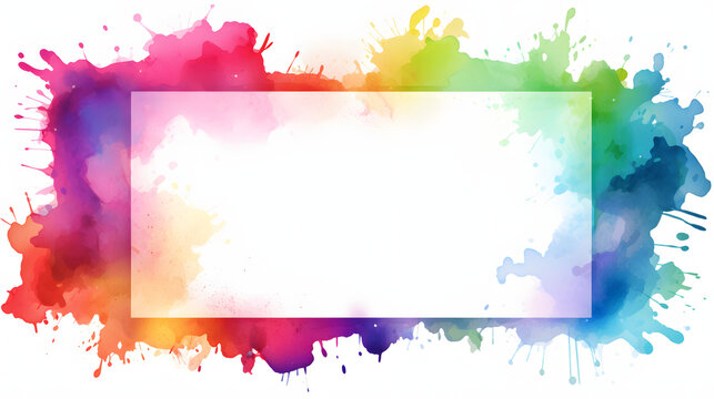 Abstract colorful rainbow color painting illustration - Rectangular rectangle frame made of watercolor splashes, isolated on white background
