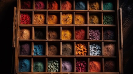 View from above of colorful spices in wooden cages. Generative AI