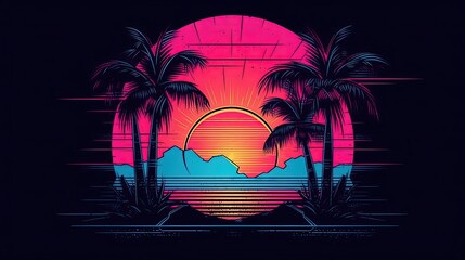 Fototapeta premium Synthwave sunset with palm trees in style of vector illustration. Generative AI