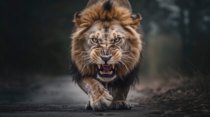 portrait of an angry lion attacking mode, showing teeth running towards enemy, generative ai - obrazy, fototapety, plakaty