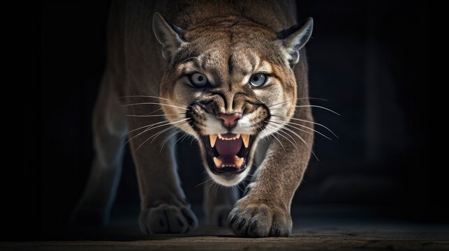 portrait of an angry female tiger attacking mode, showing teeth running towards enemy, black background, generative ai