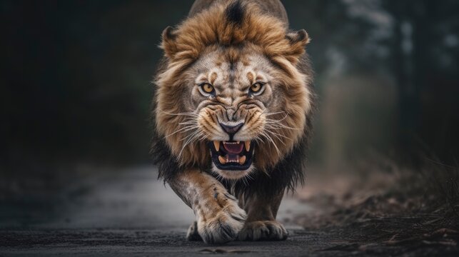 portrait of an angry lion attacking mode, showing teeth running towards enemy, generative ai