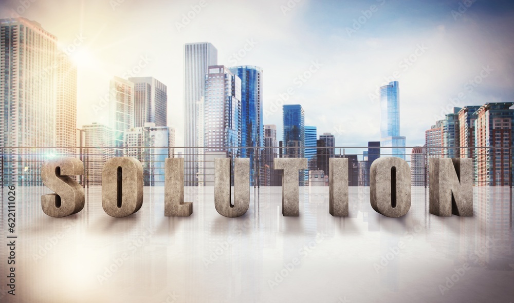 Poster written solution on a terrace of skyscraper 3d rendering