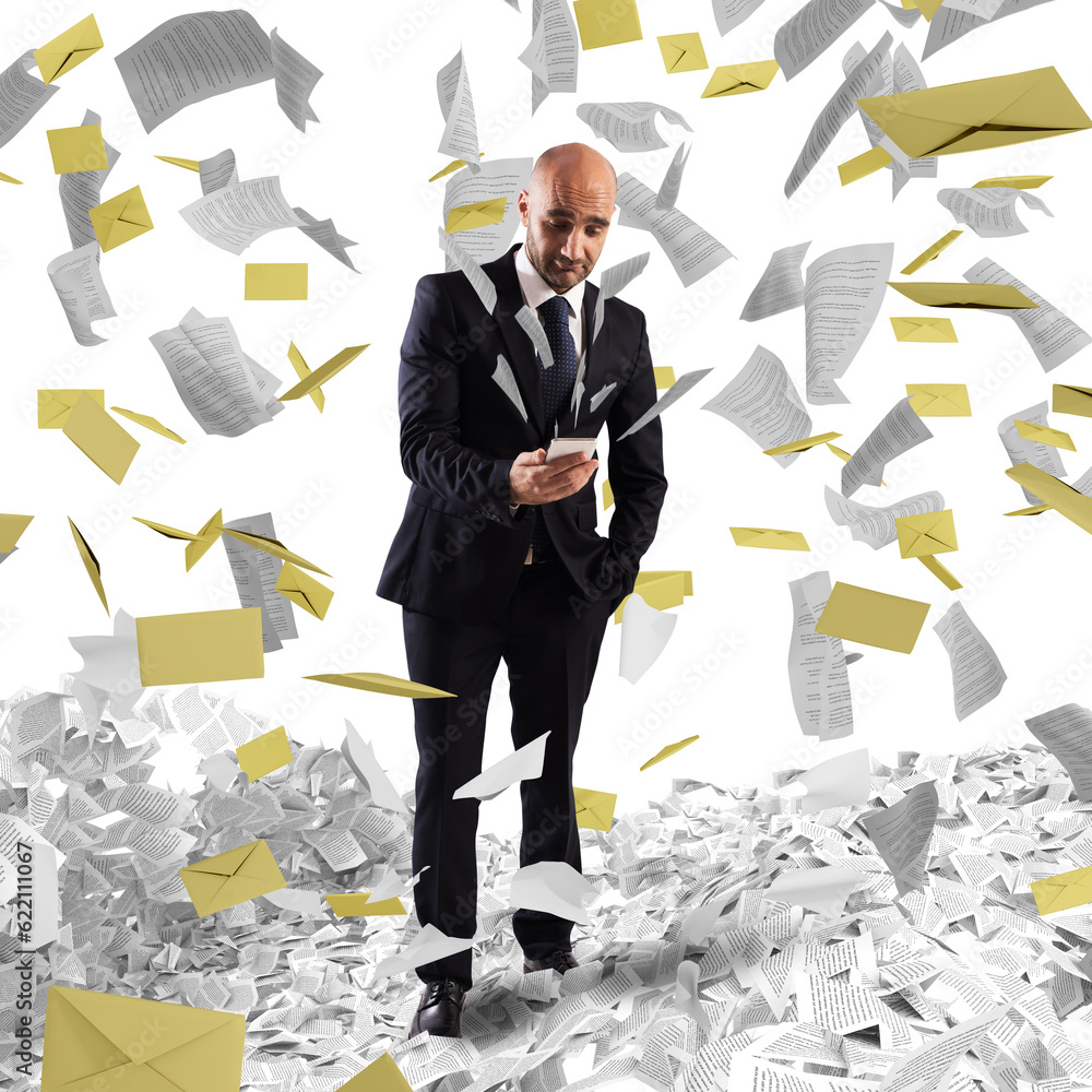Poster man with cellphone with background of letters