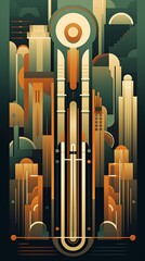 A very tall building with a clock on top of it. Generative AI. Poster in art deco style. Digital wallpaper.