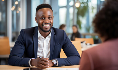african smiling business man at a meeting - obrazy, fototapety, plakaty
