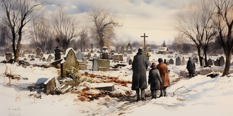 Grieving family wearing black clothing at a funeral. AI Generative Art.