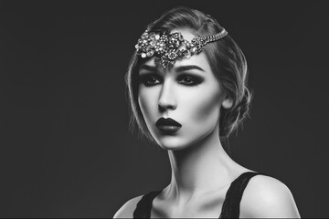 Beautiful young woman with smoky eyes and full red lips. Massive crystal hair accessory on head. Retro styling. Studio beauty shot. Copy space. Monochrome.