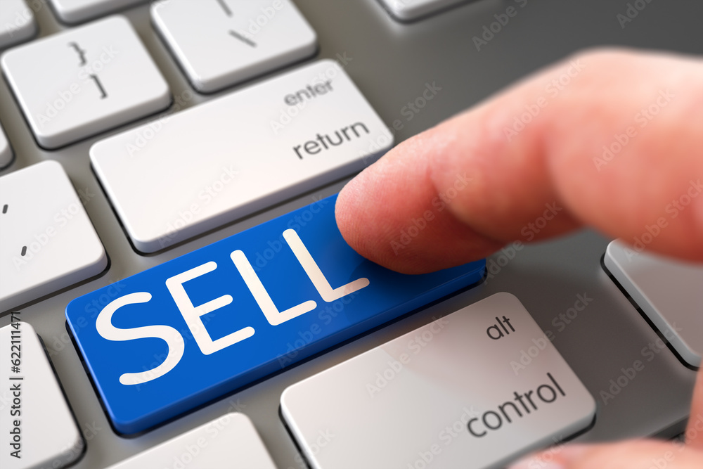 Aufkleber sell - white keyboard key. selective focus on the sell button. computer user presses sell blue key. 