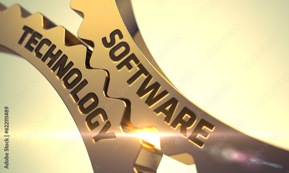 Poster software technology - concept. software technology golden metallic cog gears. software technology on