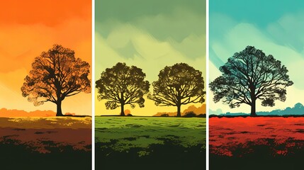 Collage of abstract landscape with trees in style of vintage pop art illustration. Generative AI