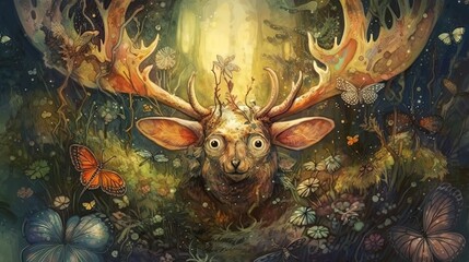 Surreal forest deer in style of watercolor illustration. Forest spirit. Generative AI