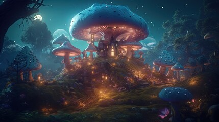 Obraz premium Wonderland with magical giant mushrooms. Generative AI