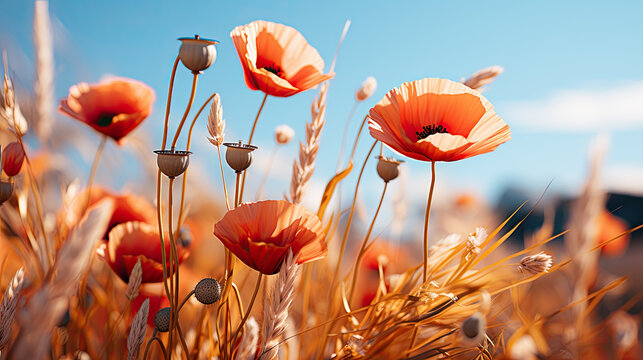 A field of orange flowers with a blue sky in the background. Generative AI.
