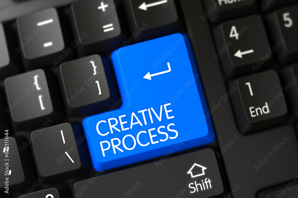 Aufkleber concepts of creative process on blue enter key on modern keyboard. 3d.