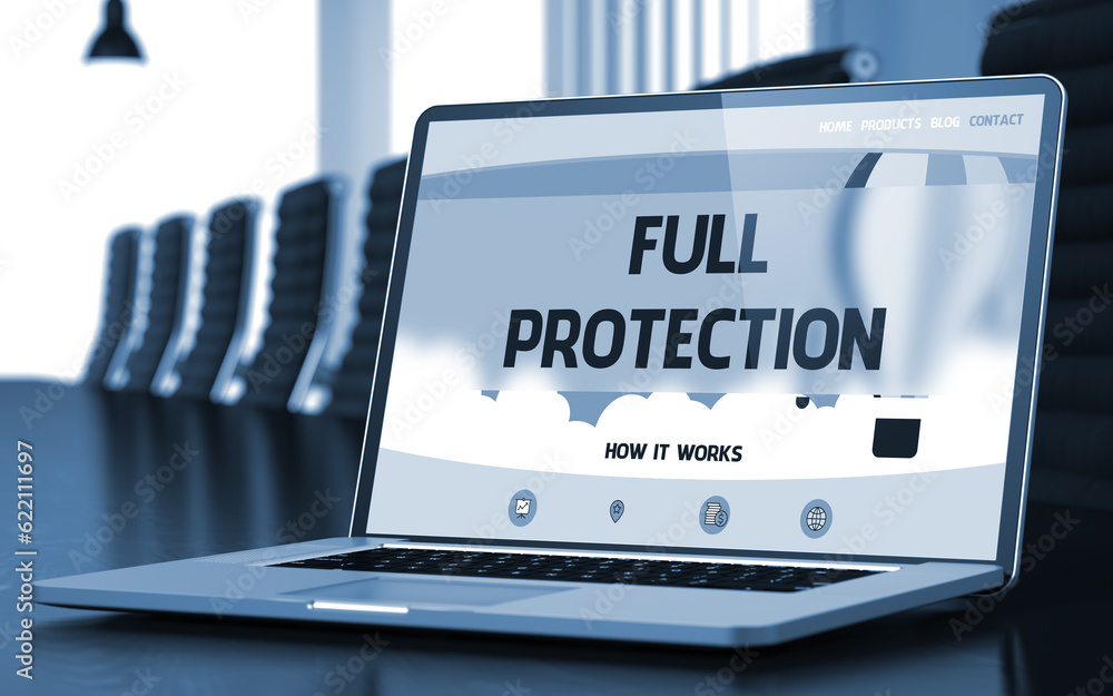 Aufkleber full protection on landing page of mobile computer screen. closeup view. modern meeting hall backgro